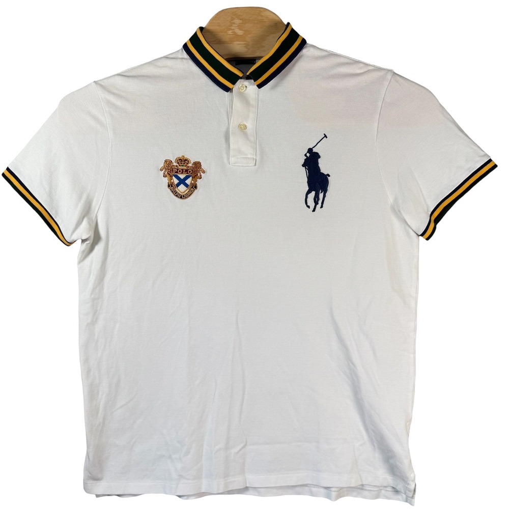 Polo Ralph Lauren Big Pony Crest Polo Shirt Men XL White Custom Slim Fit Striped